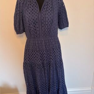 MOVING SALE - Charina Sarte blue eyelet cotton midi dress full skirt size medium